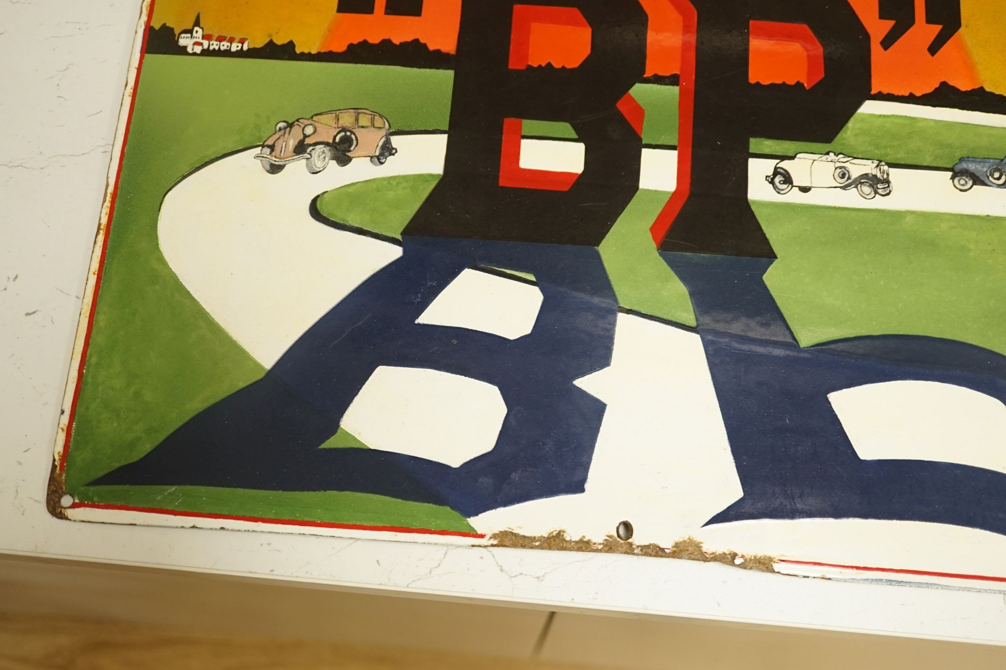 A BP roadway sign, 43 cms wide x 31 cms high.